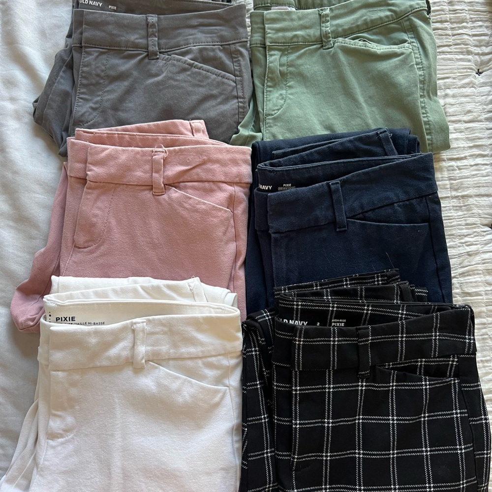 6 Old Navy Pixie Pants in Gray, Green, Pink, Navy, White, and Black Checkered
